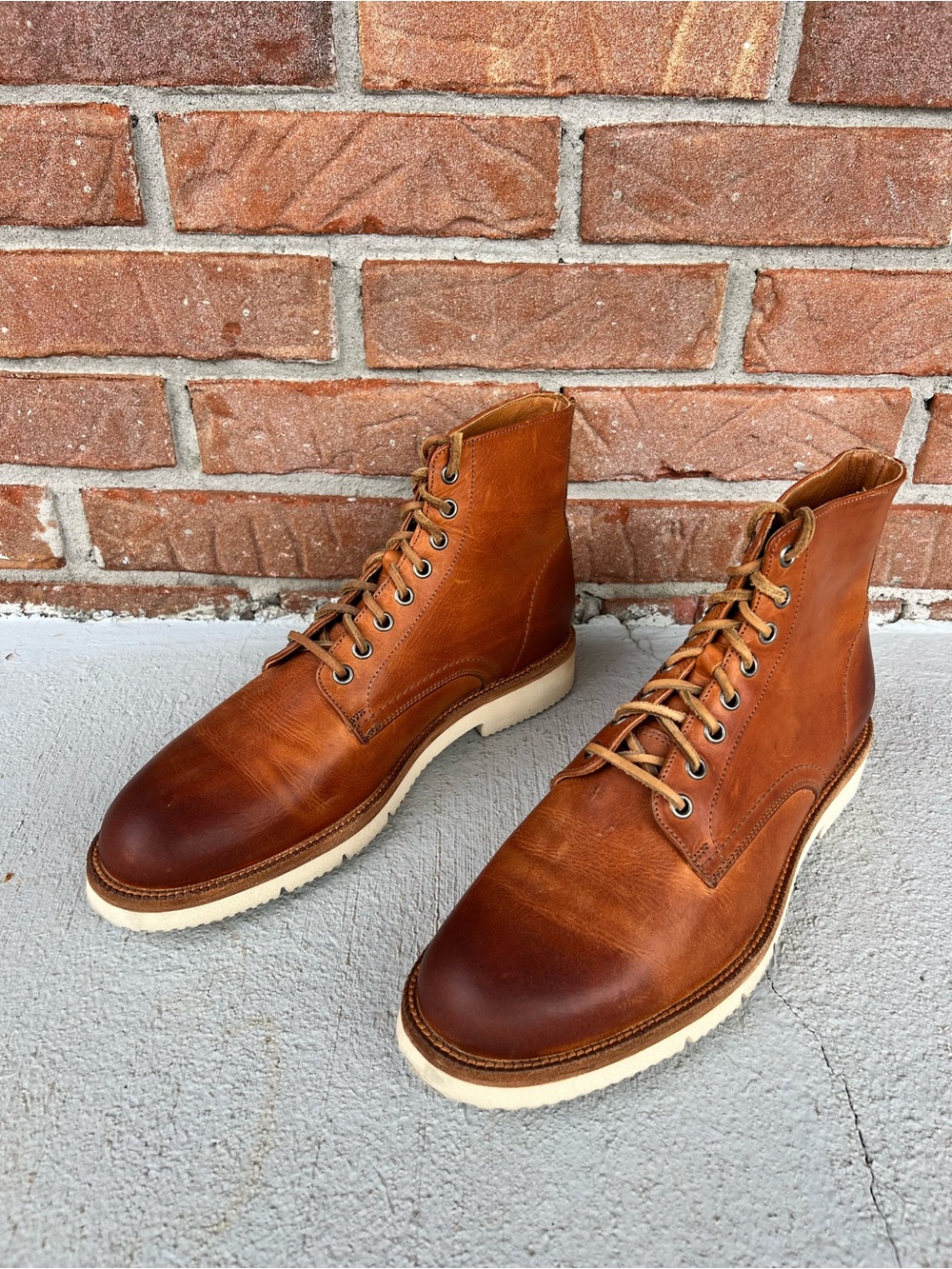Frye Cognac Leather Lace-Up Boots with White Sole